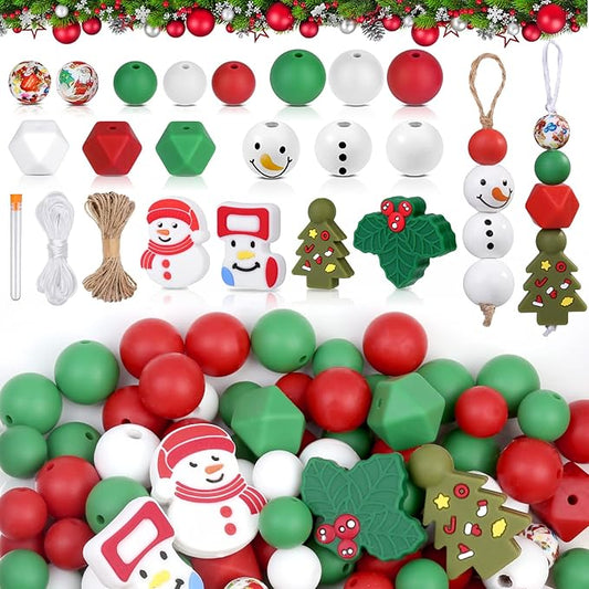 178 PCS Christmas Silicone Beads, Ornament Loose Beads Bulk with Xmas Santa Christmas Tree Silicone Beads Lanyard Snowman Wooden Beads Round Polished Spacer Bead for Decor DIY Jewelry Craft
