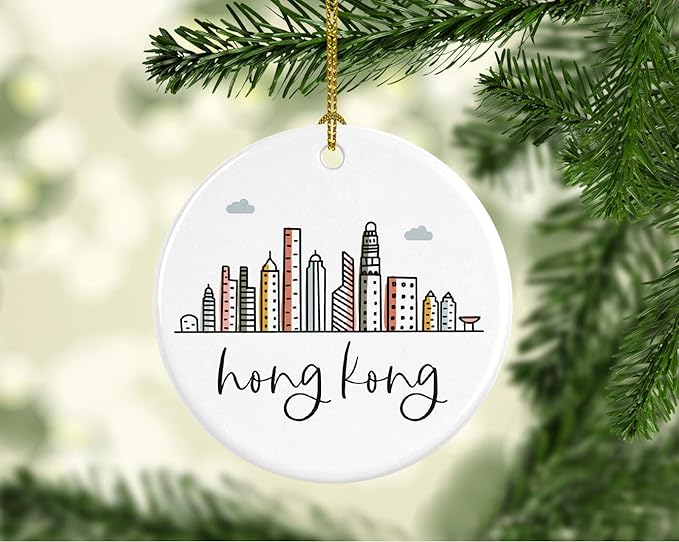 Andaz Press Round Ceramic Porcelain Christmas Tree Ornament Keepsake Gift, Hong Kong, Colorful International City Skyline Graphic, 1-Pack, Birthday Family Coworker Him Her, Gift Box