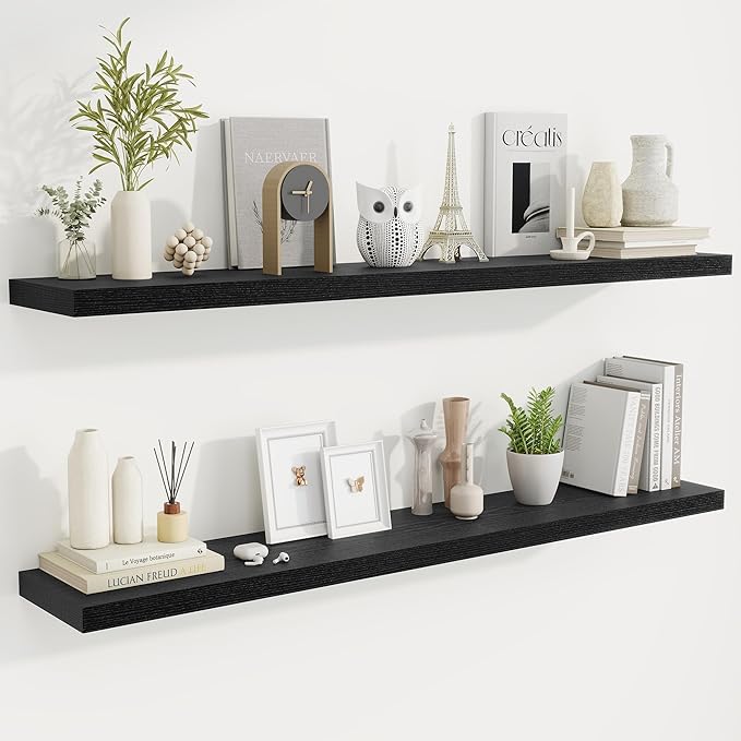 Fun Memories 55 Inch Fireplace Mantel Shelf -Long Floating Shelves, Deep Wall Mounted Farmhouse Display Shelves with Invisible Heavy Duty Metal Bracket, Black, 2 Pack