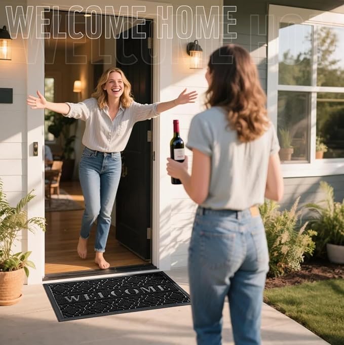 Yimobra Welcome Mat Outdoor Indoor, All-Season Waterproof Front Door Mat Outside Entrance, All-Weather Heavy Duty Non-Slip Doormat, Low Profile Porch Patio Entrance Mats, 29.5x17, Black