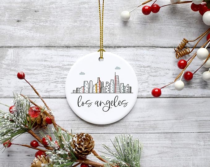 Andaz Press Round Ceramic Porcelain Christmas Tree Ornament Keepsake Gift, Los Angeles, Colorful City Skyline Graphic, 1-Pack, Birthday Ideas Family Coworker Him Her, Includes Gift Box