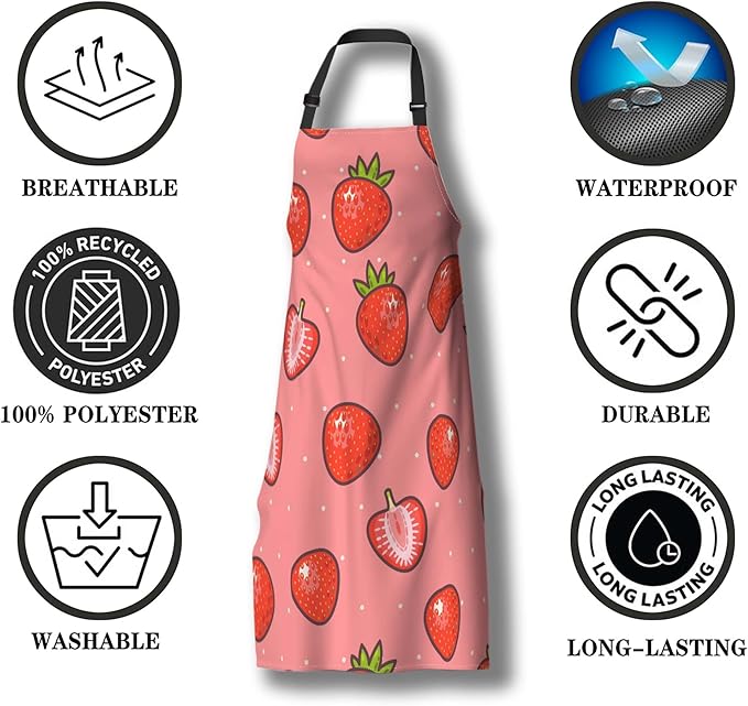 Kitchen Apron for Men Strawberry and Strawberry Slices Cute Aprons for Women for Cooking Restaurant BBQ Painting Crafting Gardening 27” (W) x 31” (H), Waterproof Aprons