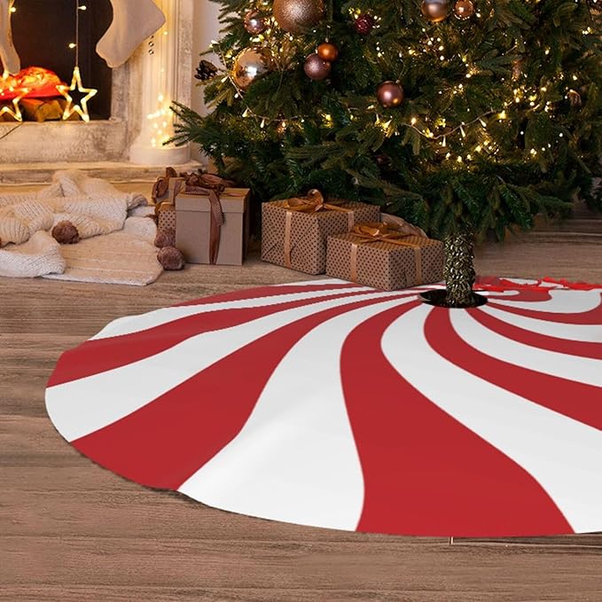 48" Large Christmas Tree Skirt, Red and White Peppermint Candy Round Pattern Tree Mat Base Cover for Xmas Festive Holiday Party Decoration Ornaments