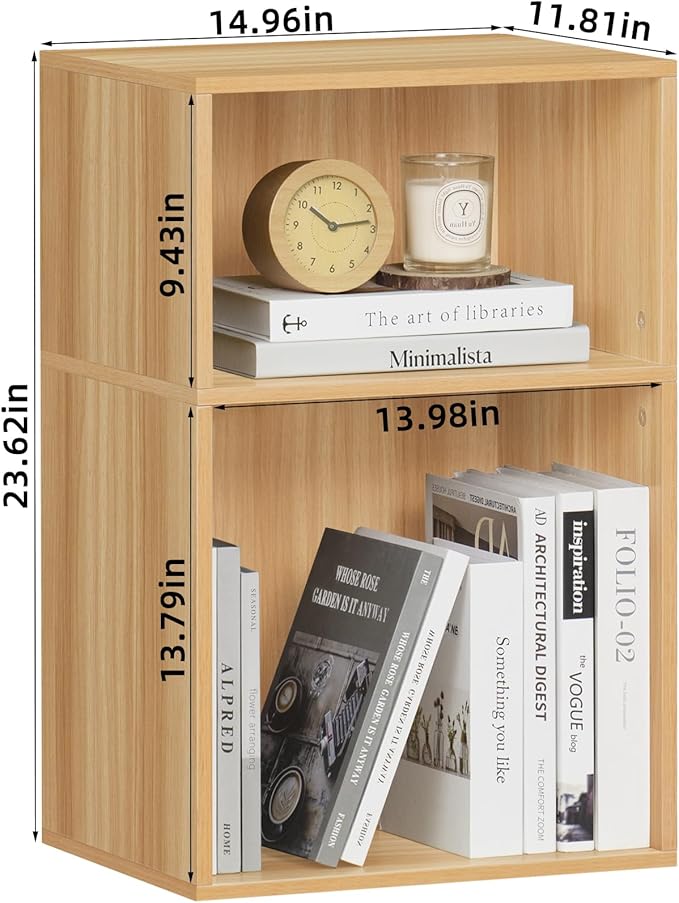 LEYAOYAO 2 Cube Bookshelf,Natural Record Player Stand Holds up to 100 Albums, Mini Wood Book Shelf Storage Organizer,Turntable Stand with Vinyl Storage Cabinet, Narrow Open Bookcase for Small Spaces