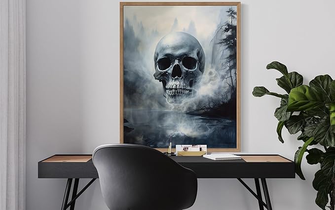 Foggy Skull Poster Art Print, Halloween Scary Vintage Wall Art Academia Spooky Painting Decoration for Horror Prints, Gothic Posters Bedroom Decor 89 (Foggy Skull, 16 x 20 inches, Wood Frame)