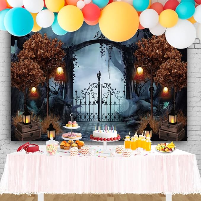 Durable Fabric Halloween Backdrop 7x5ft Horror Cemetery Iron Gate Scary Halloween Photo Background for Photography Halloween Party Decorations Banner Photo Studio Decoration Supplies