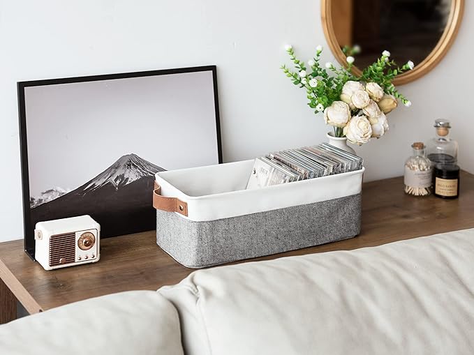 StorageWorks Narrow Storage Bins, Small Basket for Closet and Shelves, Fabric Organizer with Handles, Toilet Paper Storage, Grey and White, 2-Pack