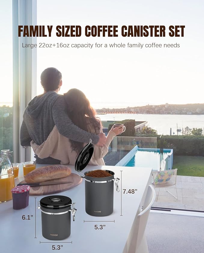 HAIOOU Airtight Coffee Canister, 22OZ +16OZ 2 Piece Stainless Steel Coffee Bean Storage Container with Date Tracker, Measuring Scoop, 6Pcs CO2 Valves, Mini Tongs for Coffee Bean, Grounds - Grey