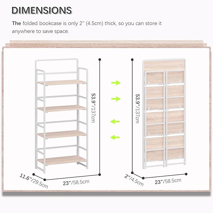 4NM No Assembly Foldable Bookshelf, 4-Shelf Collapsible Bookcase Storage for Small Spaces, 54" H, Natural White