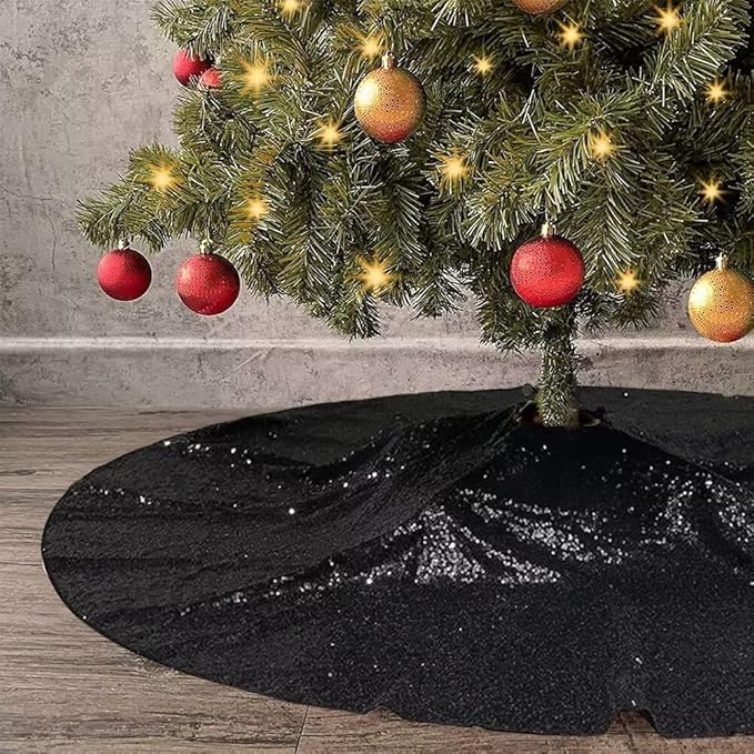 Eternal Beauty Christmas Tree Skirt, 70 Inch Black Halloween Sequin Tree Skirt Small Xmas Tree Skirt for Christmas Tree Decorations