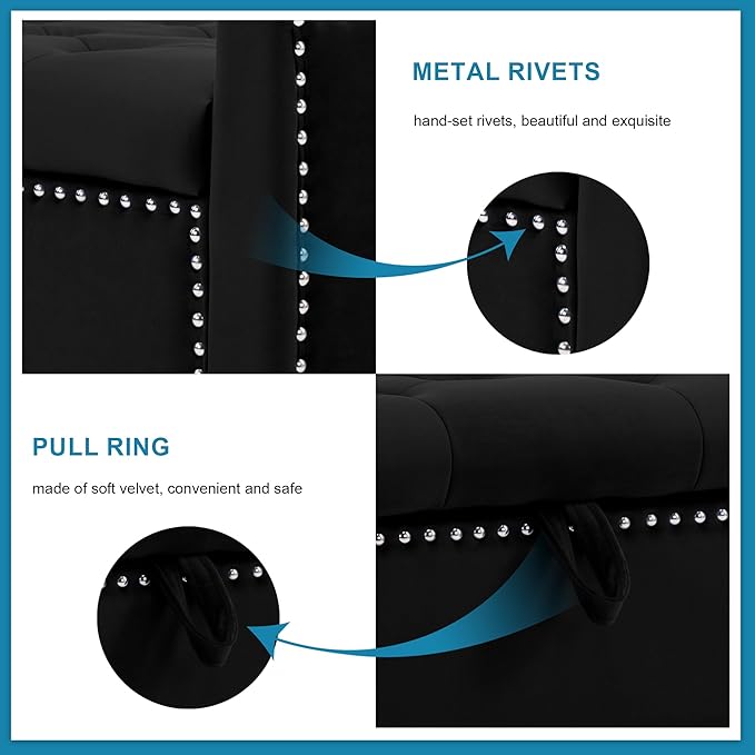 Storage Ottoman Bench, Velvet Upholstered Footstool for Bedroom and Living Room, Tufted Seat with Storage, Wooden Legs & Metal Rivets, Black