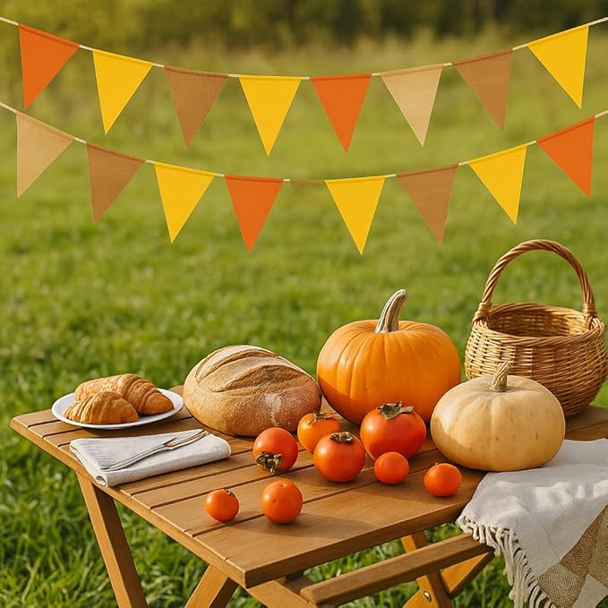 G2PLUS Pre-Strung Burlap Pennant Banner, 39Ft Orange Yellow Triangle Flag Bunting, 36pcs Pennant Banner Flags Garland for Fall, Thanksgiving, Farmhouse and Party Decor