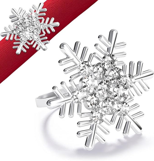 Halatool Set of 8 Christmas Napkin Rings Silver Snowflake with White Rhinestone Napkin Holder for Christmas Thanksgiving Holiday Party Table Decoration