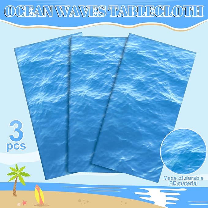 3 Pack Ocean Waves Plastic Tablecloth, 54 X 108Inch Disposable Water Print Table Cloths for Rectangle Table Ocean Party Decor Waterproof Tables Cover for Beach Pool Under The Sea Party Decoration