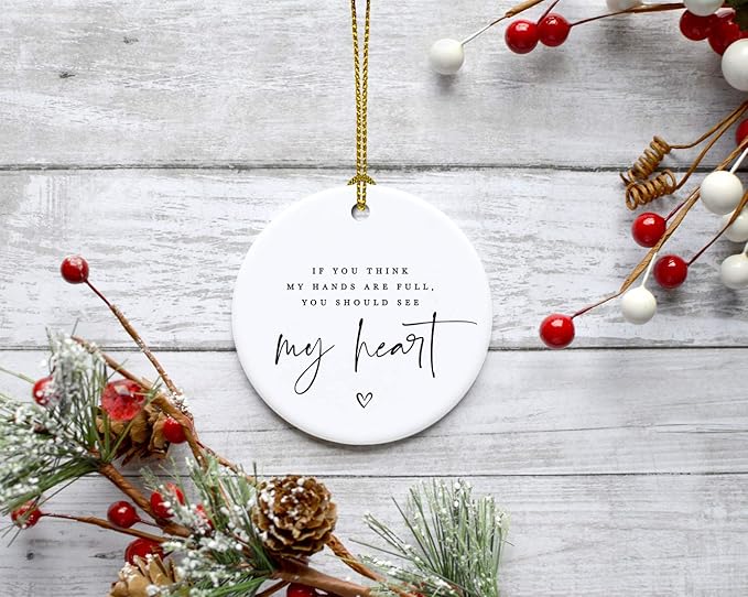 Andaz Press Round Ceramic Porcelain Christmas Tree Ornament for Teacher Thank You Graduation Gift, If You Think My Hands are Full, You Should See My Heart, Heart Graphic, 1-Pack Special Needs Autism