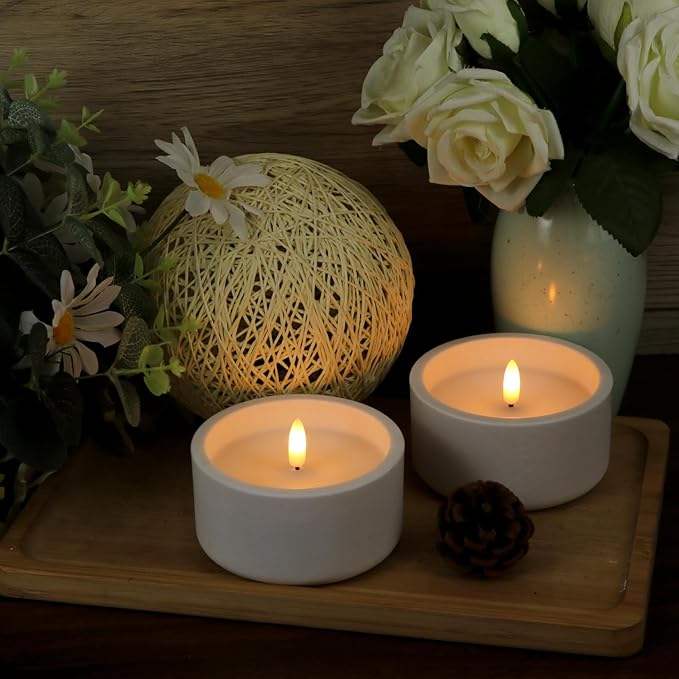 GenSwin White Flameless Pillar Candles with Timer, 2 Pack LED Flickering Candles with Concrete Holder and Real Wax Imitate Scented Candle Shaped for Wedding Homer Decor