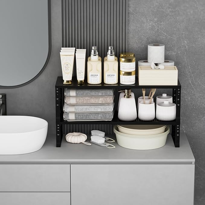 Expandable Spice Rack Kitchen Cabinet Shelf Organizer, Stackable Storage Shelves Racks, Adjustable Counter Shelving for Cabinets, Countertop, Cupboard,Pantry and More(3Packs/Black/Medium)