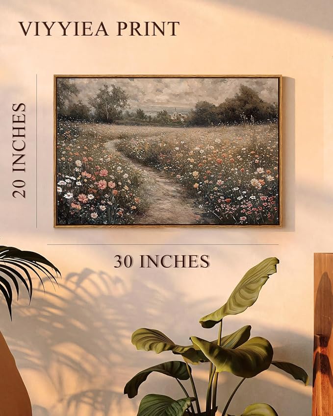 VIYYIEA Framed Canvas Wall Art Home Decor Vintage Large Landscape Country Wildflower Paintings Farmhouse Pictures Floral Artwork Rustic Flower Prints Cottagecore Living Room Bedroom Bathroom 20x30in