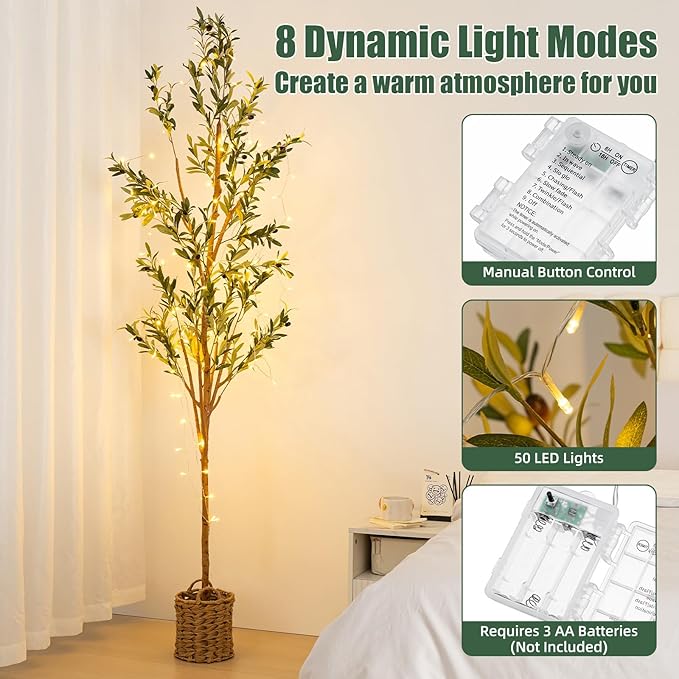 7ft Artificial Olive Tree with LED Fairy Lights & Woven Planter - Lifelike Faux Silk Plant with Realistic Leaves & Fruits and Natural Trunk for Indoor Home Office Living Room Bedroom Foyer Decor