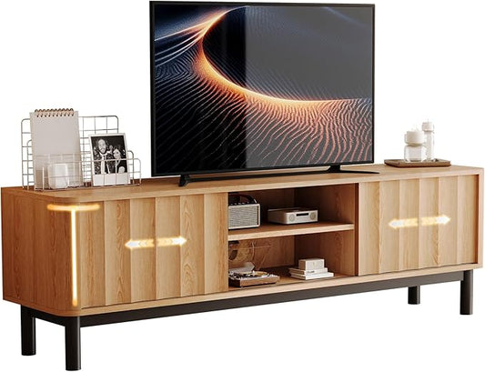 Brown Mid Century Modern TV Stand, Wood Fluted Living Room TV Stands with Storage Sliding Doors, Desert-Inspired Design MCM Entertainment Center for 55 60 65 70 75 55+ 60+ 65+ 70+ Inch