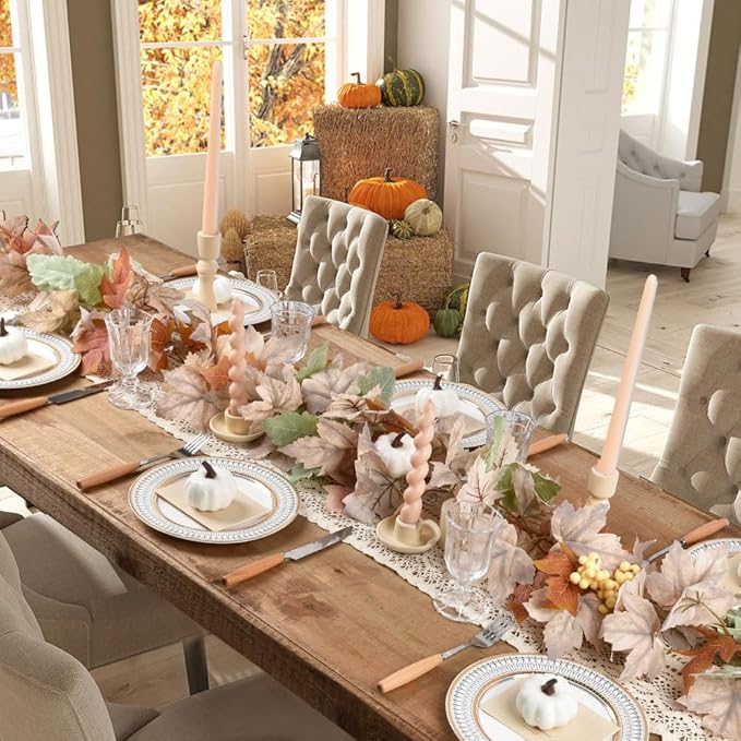 Fall Maple Leaf Garland, Hanging Vine Artificial Autumn Foliage Decoration for Thanksgiving, Home, Wedding, Fireplace, Party, Christmas (White)