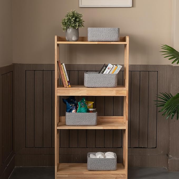 4 Pack Small Storage Shelf Baskets for Organizing, Mini Woven Rope Storage Bins for Towels, Cute Decorative Closet Organizer，Baby Nursery, Gift Empty Baskets -11.81''Lx7.87''Wx4.72''H-Grey