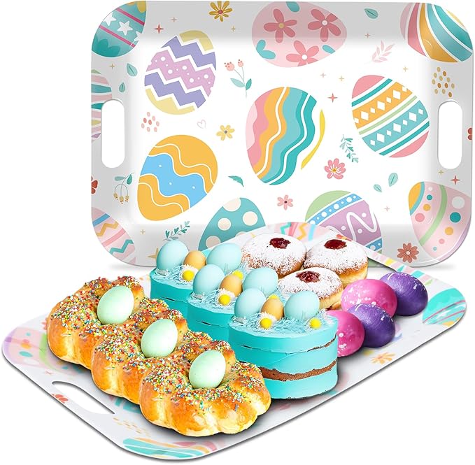 gisgfim 2Pcs Easter Serving Trays 16 X 11 Inch Large Melamine Easter Colorful Egg Trays Platters with Handles Reusable Spring Easter Food Trays for Snacks Birthday Decors Easter Day Party Supplies