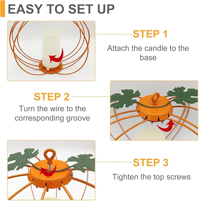 Halloween Light Up Pumpkin Lantern, 3 Pcs Metal Orange Pumpkin Candle Holders with Timer Flickering Yellow LED Candle Lights for Thanksgiving Halloween Harvest Fall Home Decor