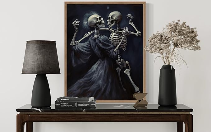 Dancing Skeleton Poster Art Print, Halloween Scary Vintage Wall Art Academia Spooky Painting Decoration for Horror Prints, Gothic Posters Bedroom Decor 89 (Dancing Skeleton, 16 x 20 inches, Wood Frame)