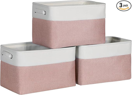 Kntiwiwo Foldable Storage Bins 15" x 10" x 9.5" Fabric Storage Basket Cube with Handles Large Linen Closet Organizer Bins for Organizing Shelf Home, Set of 3, Pink