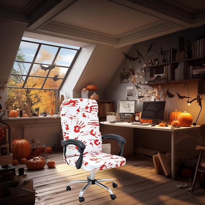 Halloween Office Chair Covers - Horror Bloody Handprints Footprints on White - Stretchable Slipcover for Modern Simplism Style High Back Boss Chair - Machine Washable - Size M
