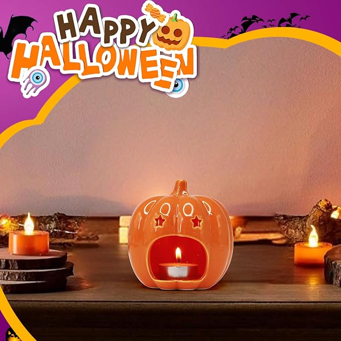 Halloween Pumpkin Candle Holder, Ceramic Candle Stick Holder with Star Hole, Orange Candle Holders for Candlesticks, Halloween Decor Gift for Daughter, Mother, Girlfriend & Kids