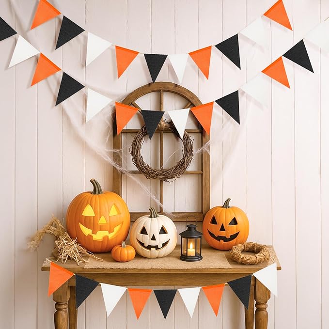 G2PLUS Pre-Strung Halloween Burlap Banners, 39Ft Black and Orange Fabric Triangle Flag Bunting, 36Pcs Reusable Pennant Banner Flags Garland for Fall Festival, Birthday, Porch, Party Decorations