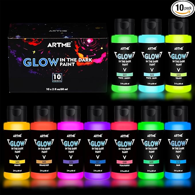 ARTME Glow in The Dark Paint, 10 Bright Colors 60ml/2oz Blacklight Paint Set, Neon Craft Paint, Acrylic Glow Fluorescent Paint Perfect for Art Painting, DIY projects, Halloween and Christmas Decoration