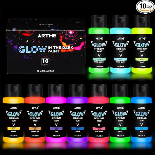 ARTME Glow in The Dark Paint, 10 Bright Colors 60ml/2oz Blacklight Paint Set, Neon Craft Paint, Acrylic Glow Fluorescent Paint Perfect for Art Painting, DIY projects, Halloween and Christmas Decoration
