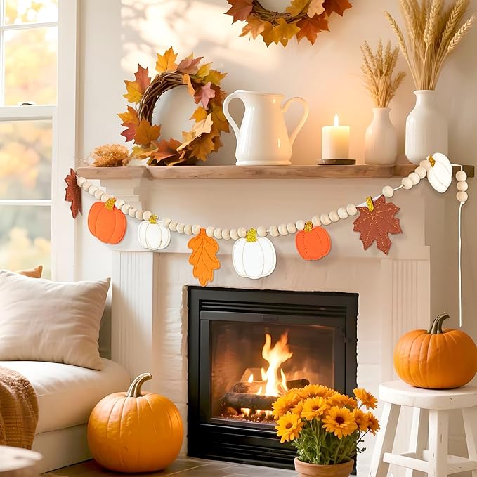 Fall Decorations for Home, Felt Pumpkin Leaves Garland and Wood Bead for Mantel, Thanksgving Decorations Indoor, Pumpkin Banner