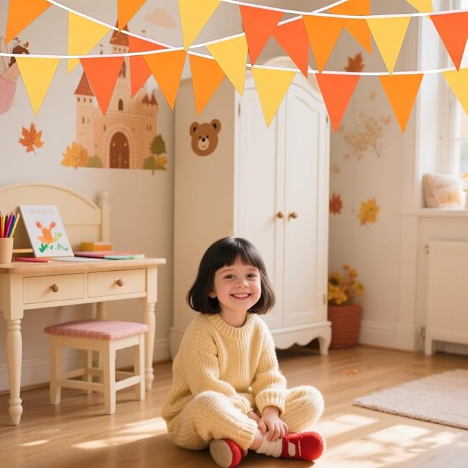 MARFOREVER 30Pcs Fall Pennant Banners, 28 Ft Orange Yellow Fabric Triangle Flags Bunting Garland for Autumn Thanksgiving Day Baby Shower Nursery Garden Wedding Engagement Anniversary Party Decorations
