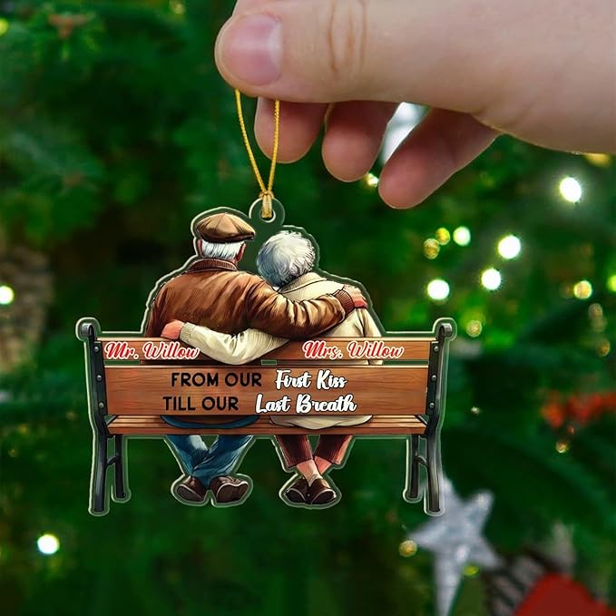 from Our First Kiss Till Our Last Breath Shaped Ornament Gift for Old Couple Husband Wife Dad Mom Grandparents, Personalized Name Mr & Mrs Together Christmas Ornament 2025, Custom Wedding Anniversary