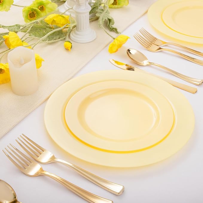 FLOWERCAT 60PCS Yellow Plates - Heavy Duty Yellow Plastic Plates Disposable 10.25inch & 7.5inch for Easter Party/Wedding/Spring - Serve for 30 guests