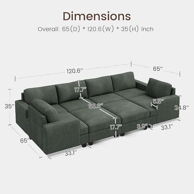 Nolany Sectional Couch with Storage Ottoman, Corduroy Sleeper Sectional Sofa with Chaise, Modular Sectional Couches for Living Room, Green