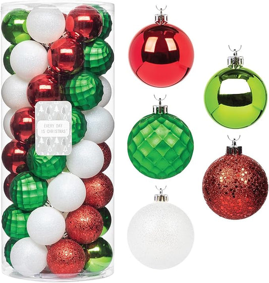 Every Day is Christmas Ornaments, Shatterproof Christmas Tree Ornament Set, Christmas Balls Decoration 50 Count (2.24"/57mm, White Red Green)
