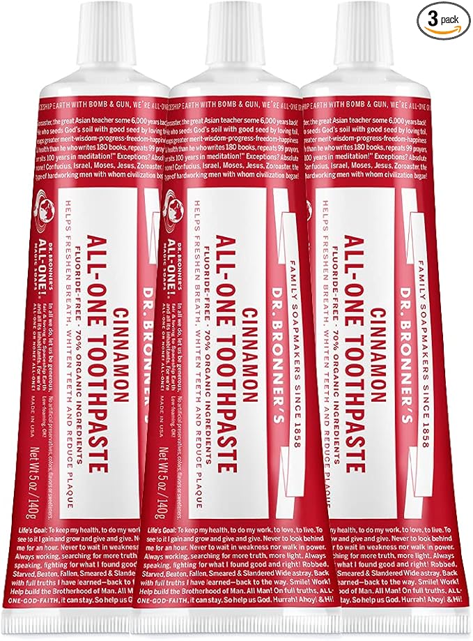 Dr. Bronner’s All-One Toothpaste– Cinnamon, 5 oz, 3-Pack– Fluoride-Free Toothpaste for Adults, SLS-Free, 70% Organic & Natural Ingredients, Vegan, Helps Freshen Breath, Reduce Plaque, Whiten Teeth