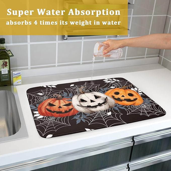 Halloween Dish Drying Mat for Kitchen Counter Spooky Pumpkins Spiderweb Super Absorbent Reversible Microfiber Kitchen Countertop Protector Dishes Pad Large 18x24 inch