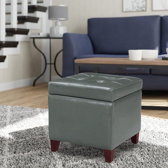 Adeco Bonded Leather Square Tufted Cubic Cube Footstool, 18" Height Storage Ottomans, with Lid, Cement Grey