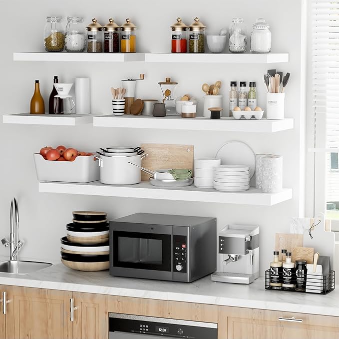 Fun Memories Floating Shelves - 2 Pack 12 Inch Rustic Wooden Wall Shelves - Extra Deeper & Thicker Wall Mounted Storage Shelf for Living Room, Kitchen, Farmhouse - 36" W x 12" D x 1.8" H - White