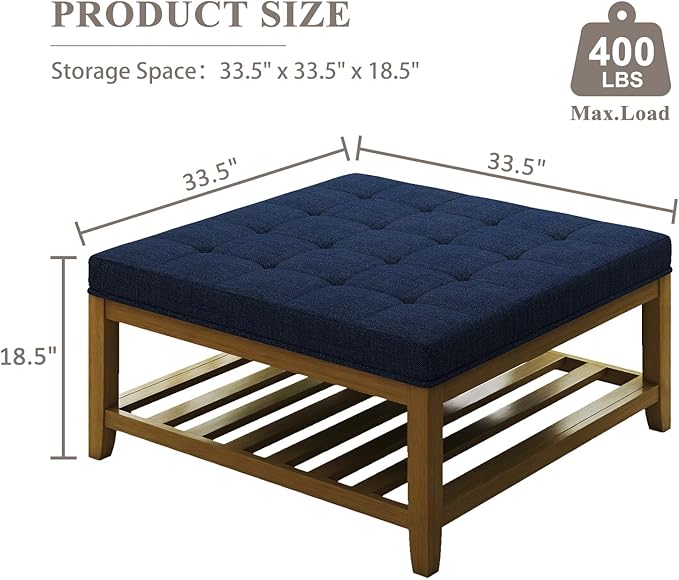 Large Square Ottoman Coffee Table, Linen Solid Upholstered Footrest Ottoman with Solid Wood Shelf Storage Tufted Coffee Table for Bedroom Living Room, Navy Blue