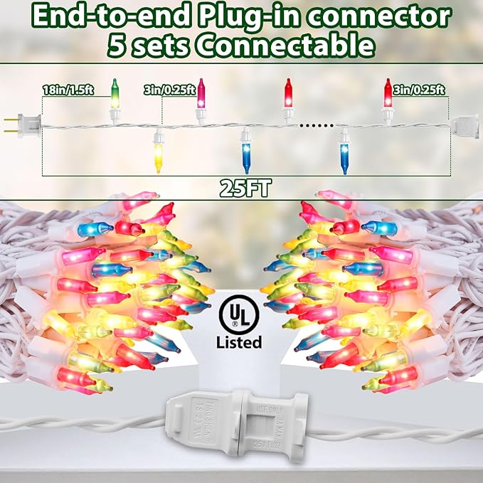 Easter Lights String 25FT 100 Incandescent Bulbs, UL-Listed Multicolor String Lights with White Wire Plug in Connectable for Indoor Outdoor Holiday Yard Patio Party Christmas Decorations