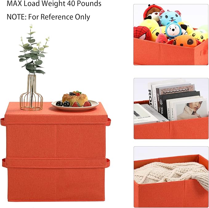 HOONEX Storage Bins with Lids for Organizing, Pack of 2, Storage Boxes with 2 Carrying Handles and Sturdy Heavy Cardboard, 16.5" L x 11.8" W x 7.5" H for Shoes, Books, Clothes, Nursery, Orange