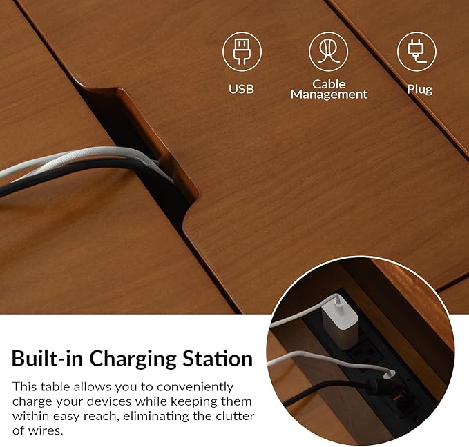 HULALA HOME End Table with Drawer and Charging Station, Modern End Table with USB Ports and Outlets, Wooden Side Table with Storage-Acorn