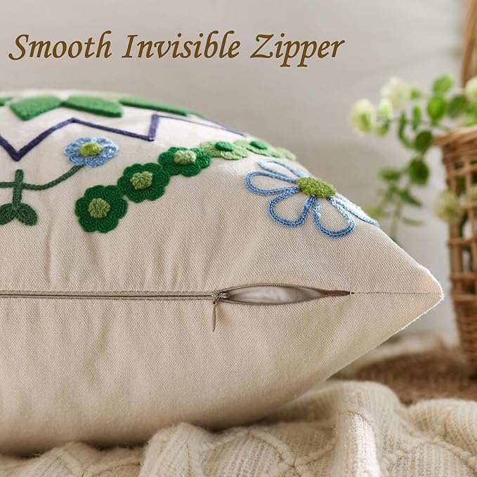 Embroidered Throw Pillow Cover 18x18 Classic Boho Floral Pattern Pillows Cover Outdoor Decorative Pillowcase,Durable Cozy Textured Cushion Case for Sofa Couch Bed Living Room,Green
